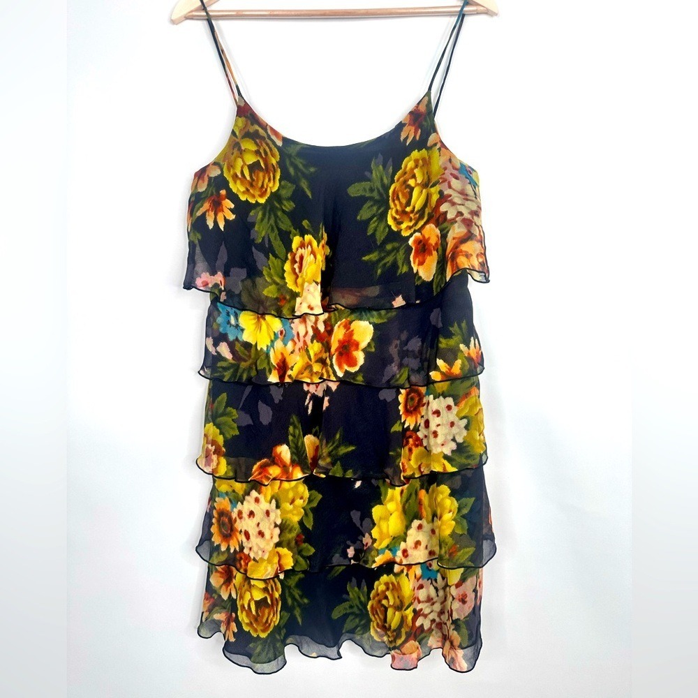 Ariella Floral Tiered Ruffle Mini Dress Sleeveless Spaghetti Strap Lined Large